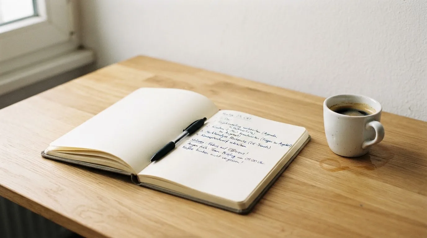 Ein aufgeschlagenes Notizbuch mit handschriftlichen Notizen und ein Kugelschreiber liegen auf einem hellen Schreibtisch neben einer Kaffeetasse.
