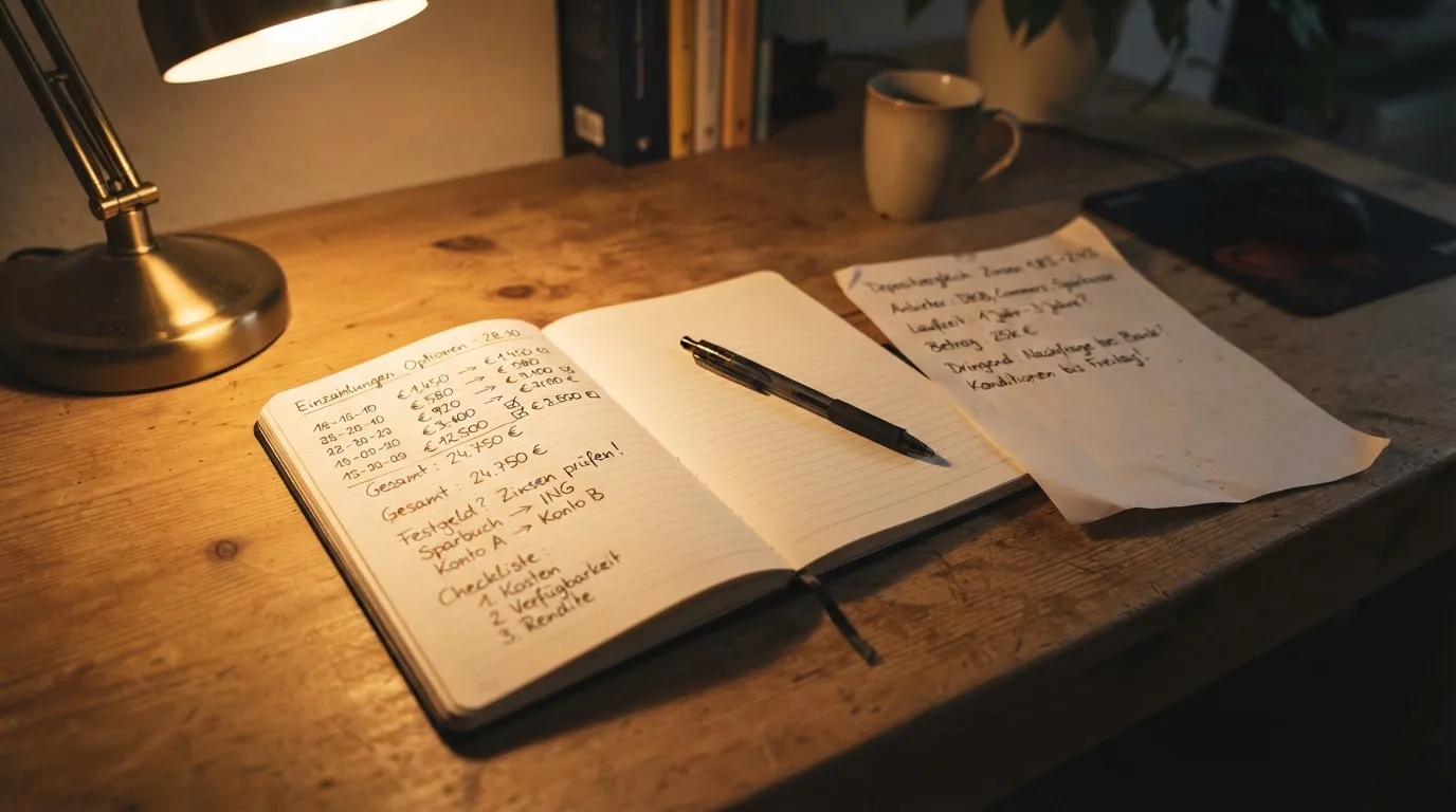 Ein Taschenrechner und ein Blatt Papier mit handschriftlichen Notizen liegen auf einem Schreibtisch unter dem warmen Licht einer Lampe.