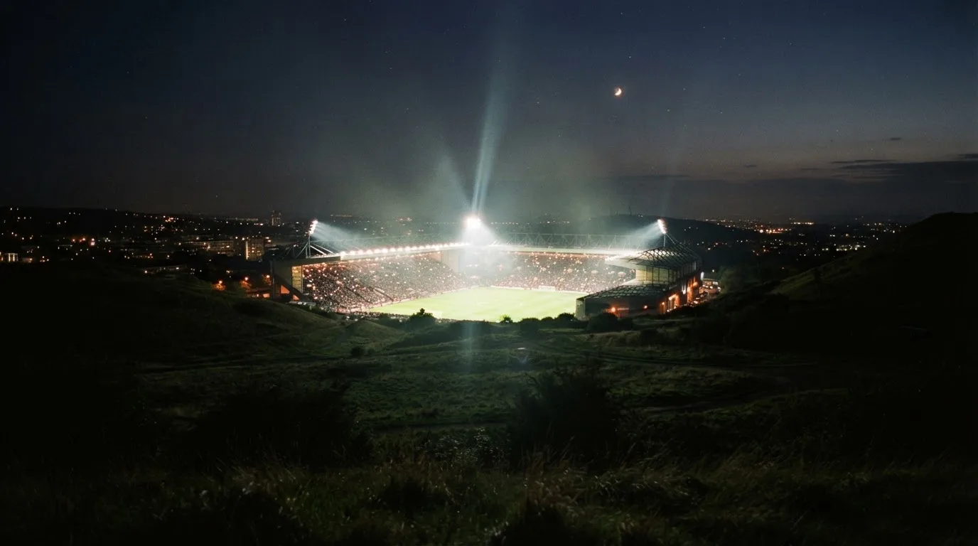Ein Stadion unter Flutlicht bei Nacht, von einem Hügel aus der Ferne betrachtet, mit Dunst über dem Spielfeld.