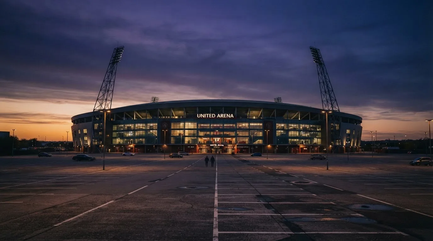Ein Fußballstadion von außen in der Dämmerung, hohe Flutlichtmasten vor einem violetten Himmel, davor ein leerer Parkplatz.