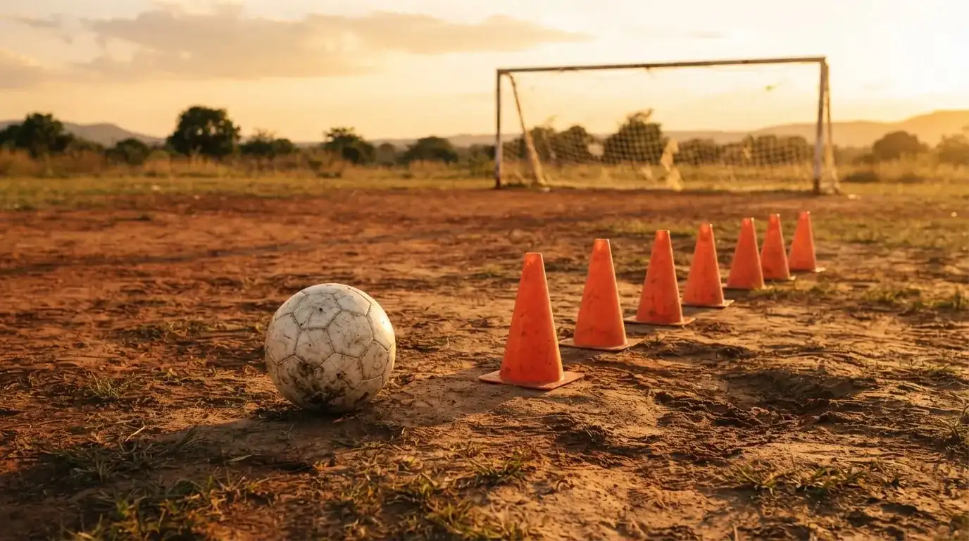 Ein Fußball auf rotem Sandboden neben einer Reihe Hütchen auf einem Trainingsplatz bei untergehender Sonne.