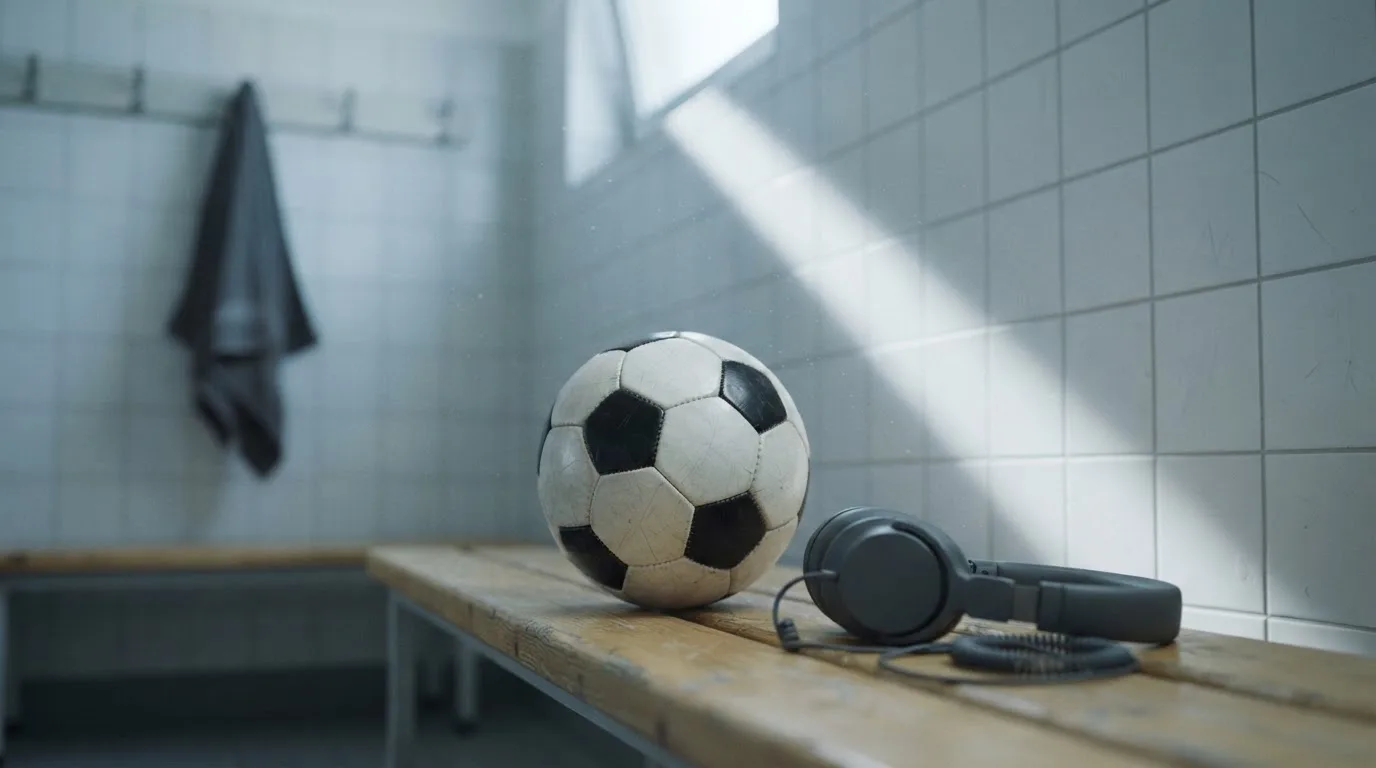 Ein Fußball liegt neben Kopfhörern auf einer Holzbank in einer Umkleide, Licht fällt durch ein schmales Fenster.