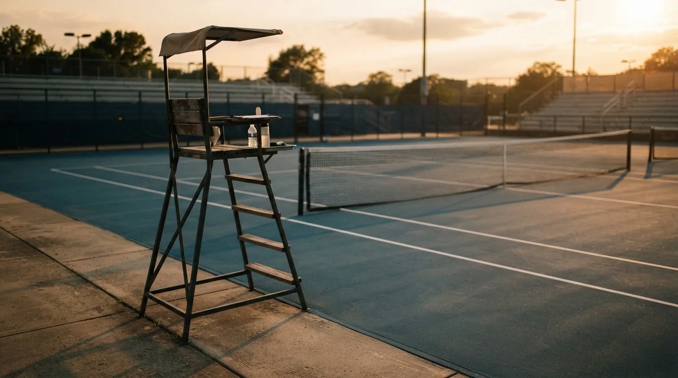 Ein leerer Schiedsrichterstuhl am Spielfeldrand eines Tennisplatzes im Abendlicht, lange Schatten auf dem Belag.