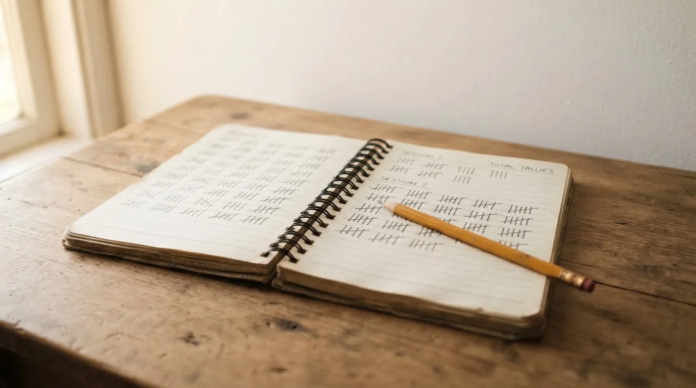 Ein handschriftlich geführtes Heft mit Strichlisten liegt neben einem Bleistift auf einem Tisch, seitlich fällt Tageslicht herein.