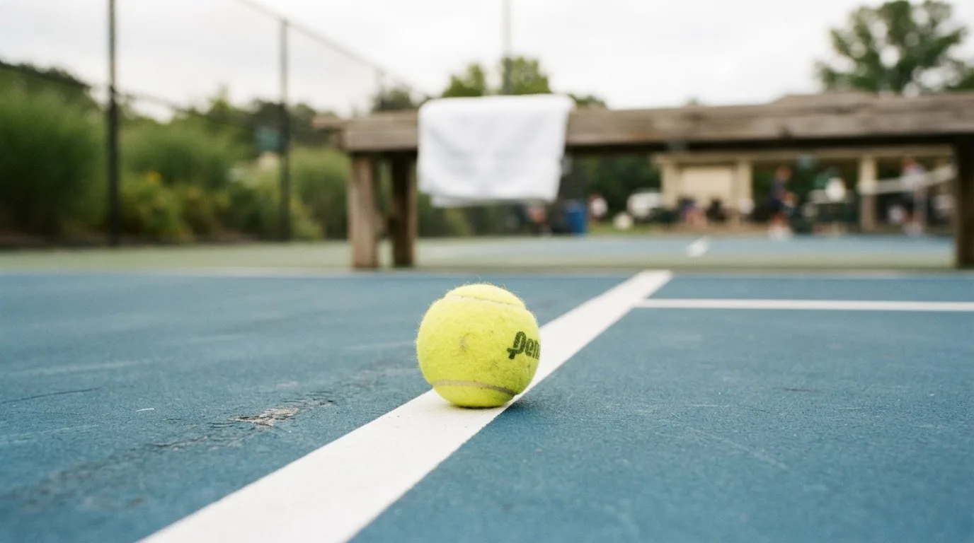 Ein gelber Tennisball liegt auf einer weißen Linie, daneben ein Handtuch auf einer Bank am Spielfeldrand.