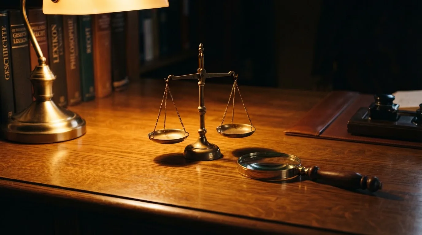 Eine Waage aus Messing steht neben einer Lupe auf einem polierten Schreibtisch im Licht einer Lampe.