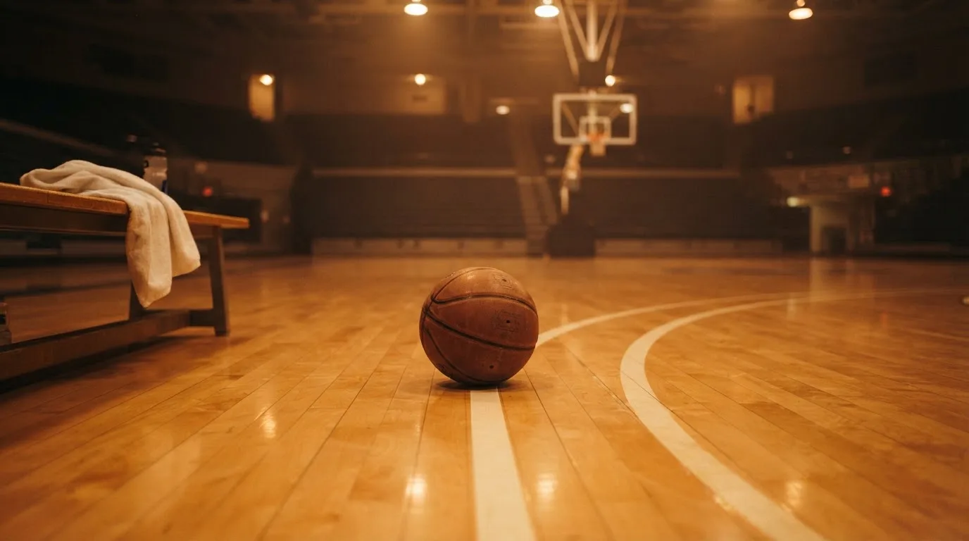 Ein Basketball liegt auf der Freiwurflinie einer Halle, im Vordergrund ein Handtuch auf einer Bank.