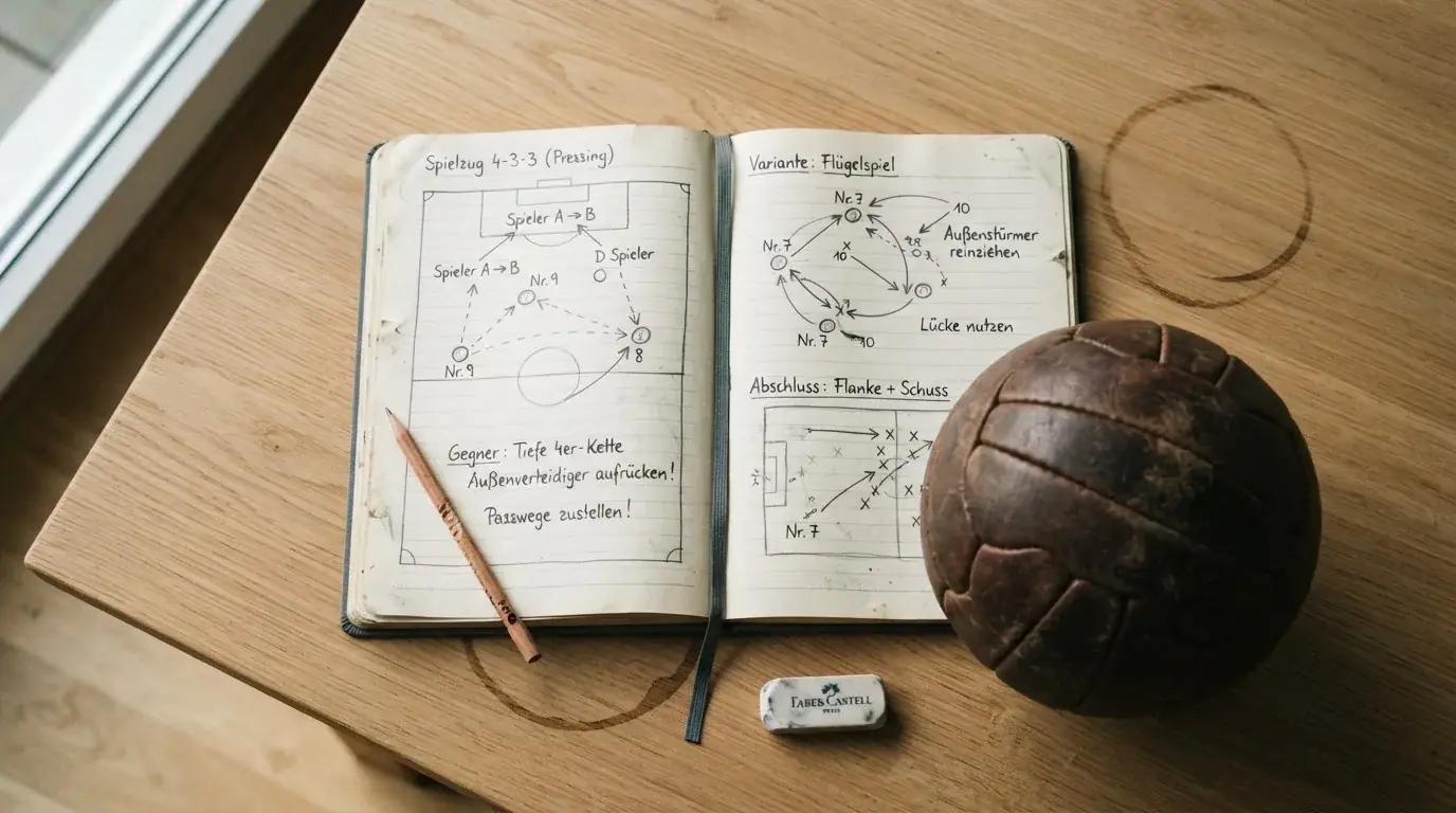 Ein Fußball liegt auf einem Notizbuch mit handgezeichneten Skizzen von Spielzügen, aufgenommen von oben auf einem Holztisch.