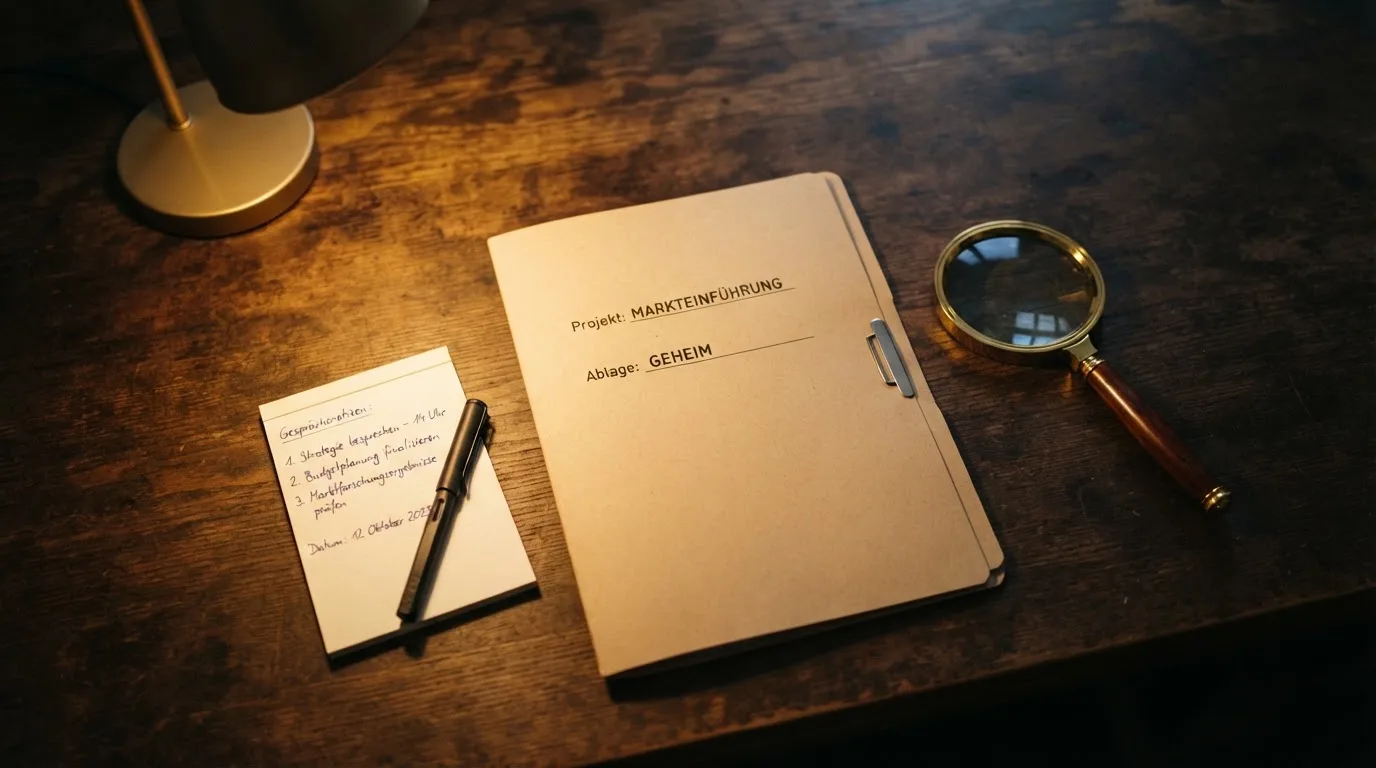 Ein Schreibtisch mit Kugelschreiber, Lupe und einem geschlossenen Ordner ohne Beschriftung in warmem Lampenlicht.
