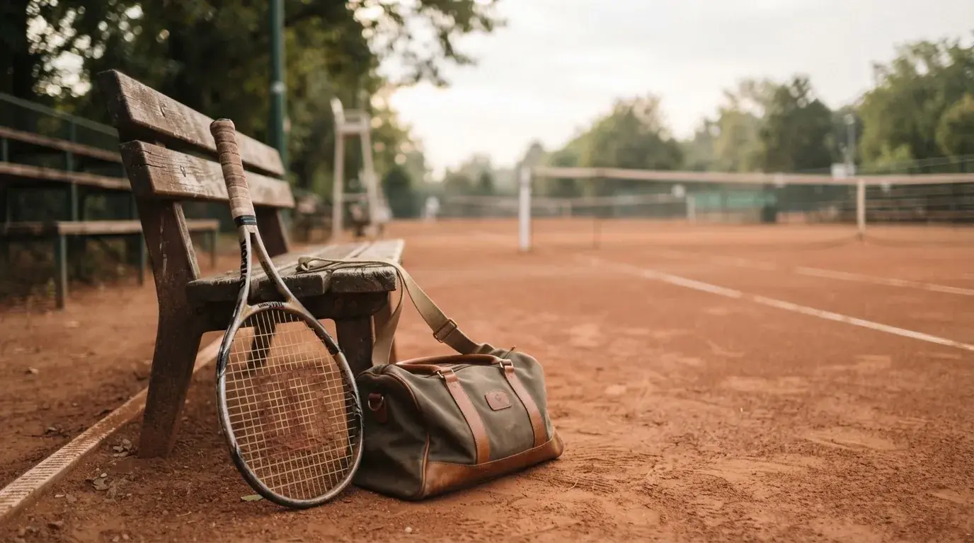 Ein Tennisschläger lehnt an einer Bank neben einer Sporttasche, im Hintergrund ein leerer Platz.
