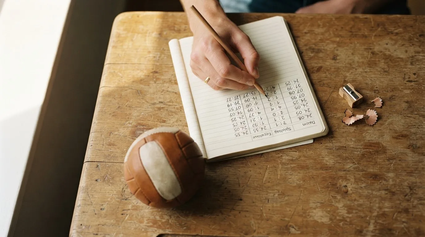 Eine Hand notiert mit Bleistift Zahlen in ein kariertes Heft, daneben liegt ein kleiner Lederfußball auf einer Holzplatte.