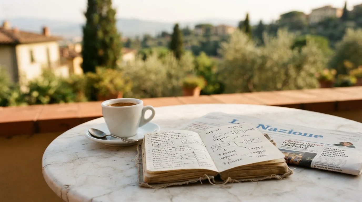 Eine Espressotasse steht auf einem kleinen Marmortisch einer Terrasse, daneben ein Notizheft mit handschriftlichen Skizzen.