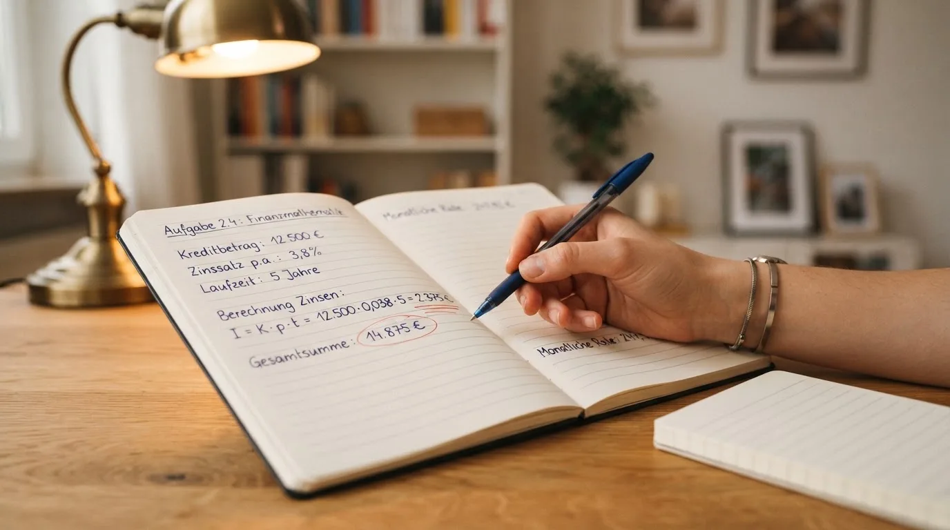 Ein Notizbuch mit handschriftlichen Rechnungen und ein Taschenrechner liegen auf einem aufgeräumten Schreibtisch in warmem Licht.