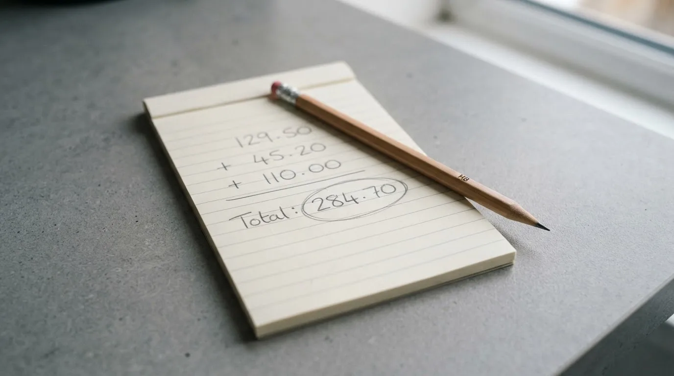 Ein Taschenrechner, ein Bleistift und ein Block mit handschriftlichen Zahlenreihen liegen auf einer grauen Arbeitsfläche.