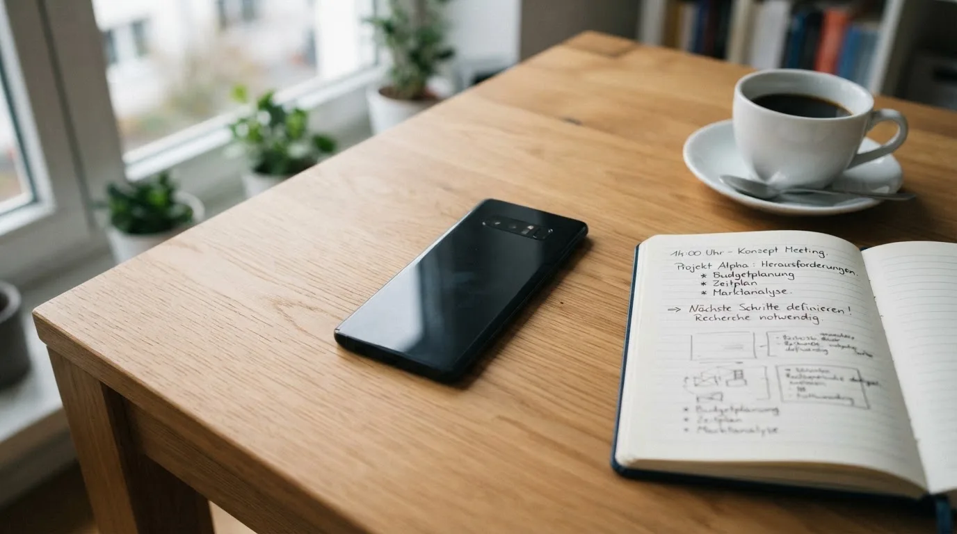 Ein Smartphone liegt mit dunklem Display auf einem Schreibtisch neben einem Notizbuch und einer Kaffeetasse.