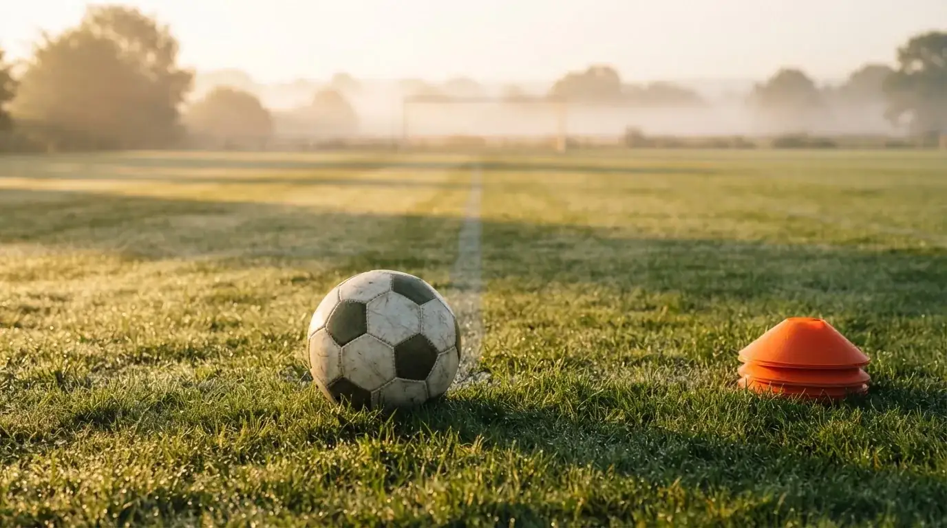 Ein Fußball liegt auf einem Rasenplatz bei Sonnenaufgang, daneben ein kleiner Stapel Trainingshütchen.