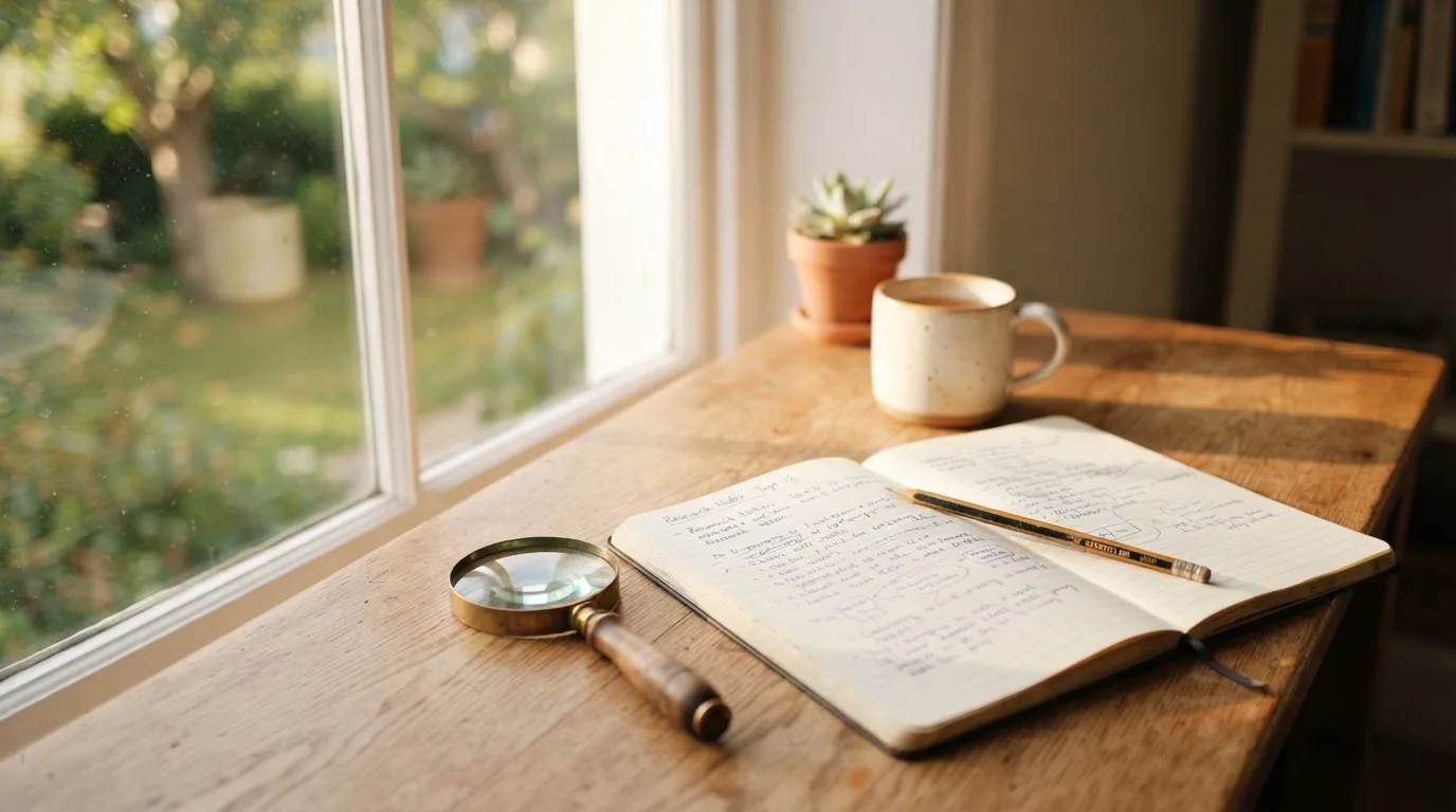 Ein schmaler Schreibtisch am Fenster mit einem Notizbuch, einer Lupe und einem Bleistift im Morgenlicht.