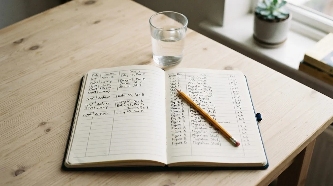 Ein Notizbuch mit handgezeichneten Spalten und ein Bleistift liegen auf einem hellen Holztisch neben einem Glas Wasser.