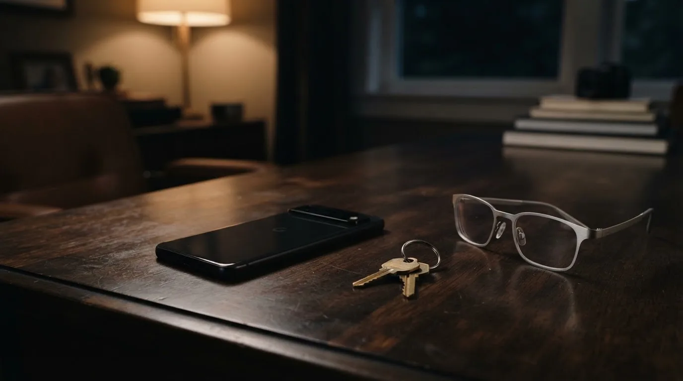 Ein Smartphone liegt mit dunklem Display auf einem Schreibtisch neben einem Schlüsselbund und einer Brille.