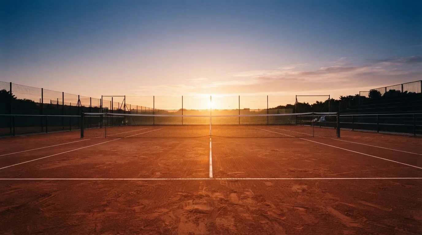Ein Tennisplatz aus Sand bei Sonnenaufgang, das Netz im Gegenlicht, kein Mensch zu sehen.