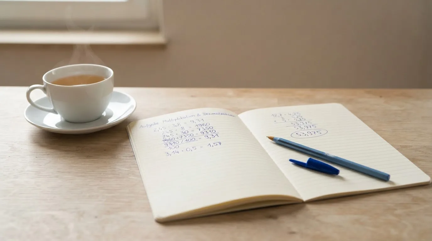 Ein Notizbuch mit handgeschriebenen Rechnungen und ein Taschenrechner auf einem hellen Schreibtisch neben einer Tasse Tee.