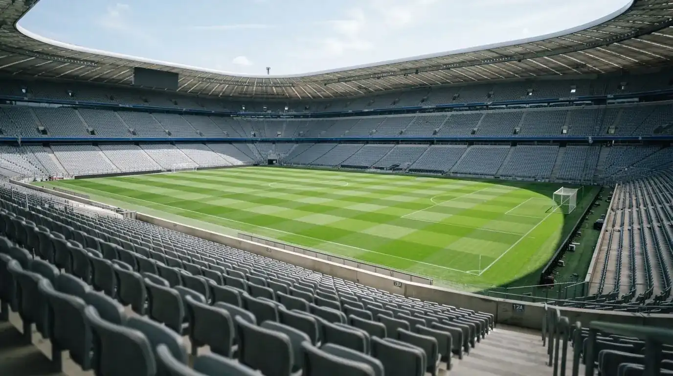 Ein leeres Fußballstadion bei Tageslicht von der Tribüne aus gesehen, der Rasen zeigt gleichmäßige Mähstreifen.