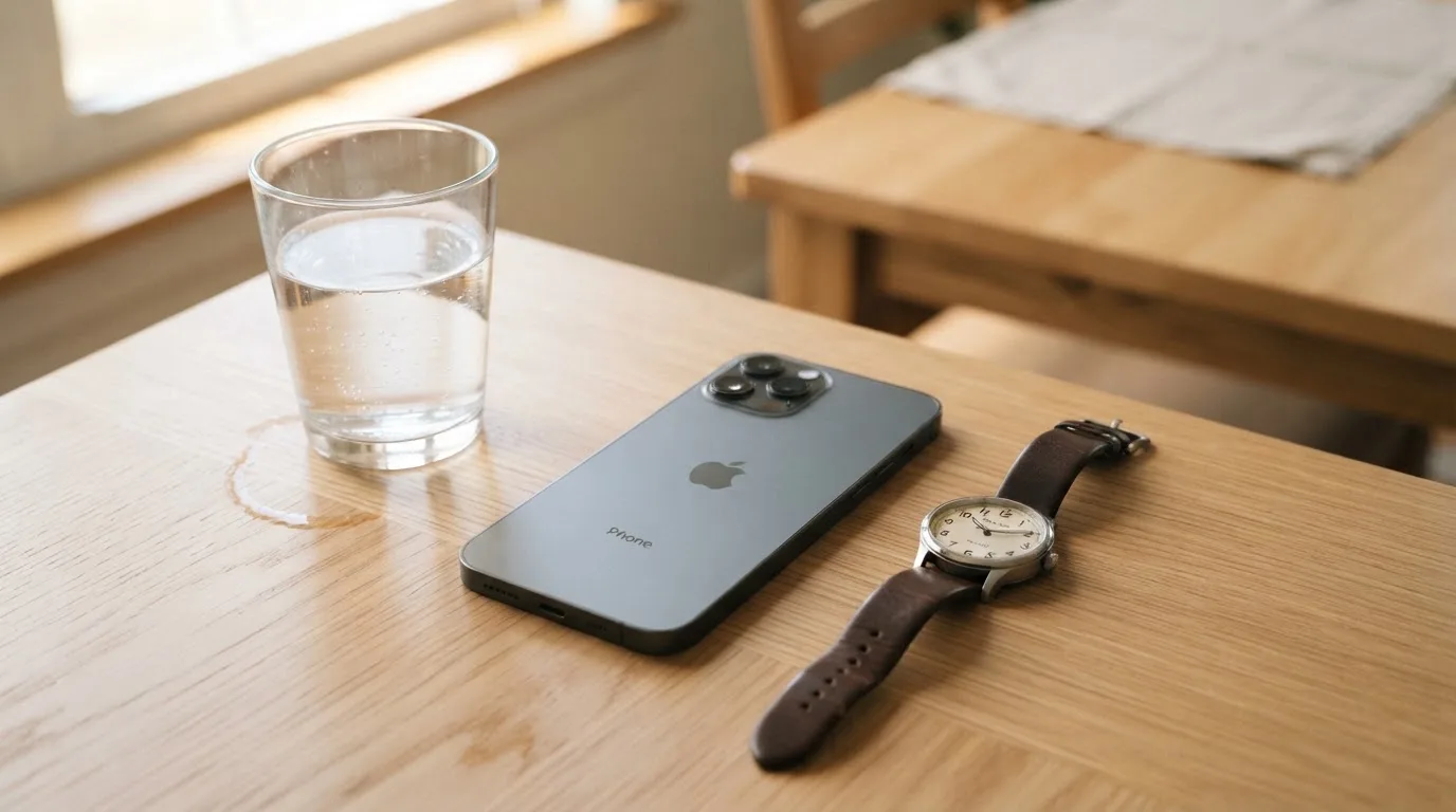 Ein Smartphone liegt mit dem Display nach unten auf einem Küchentisch, daneben stehen ein Glas Wasser und eine Armbanduhr.