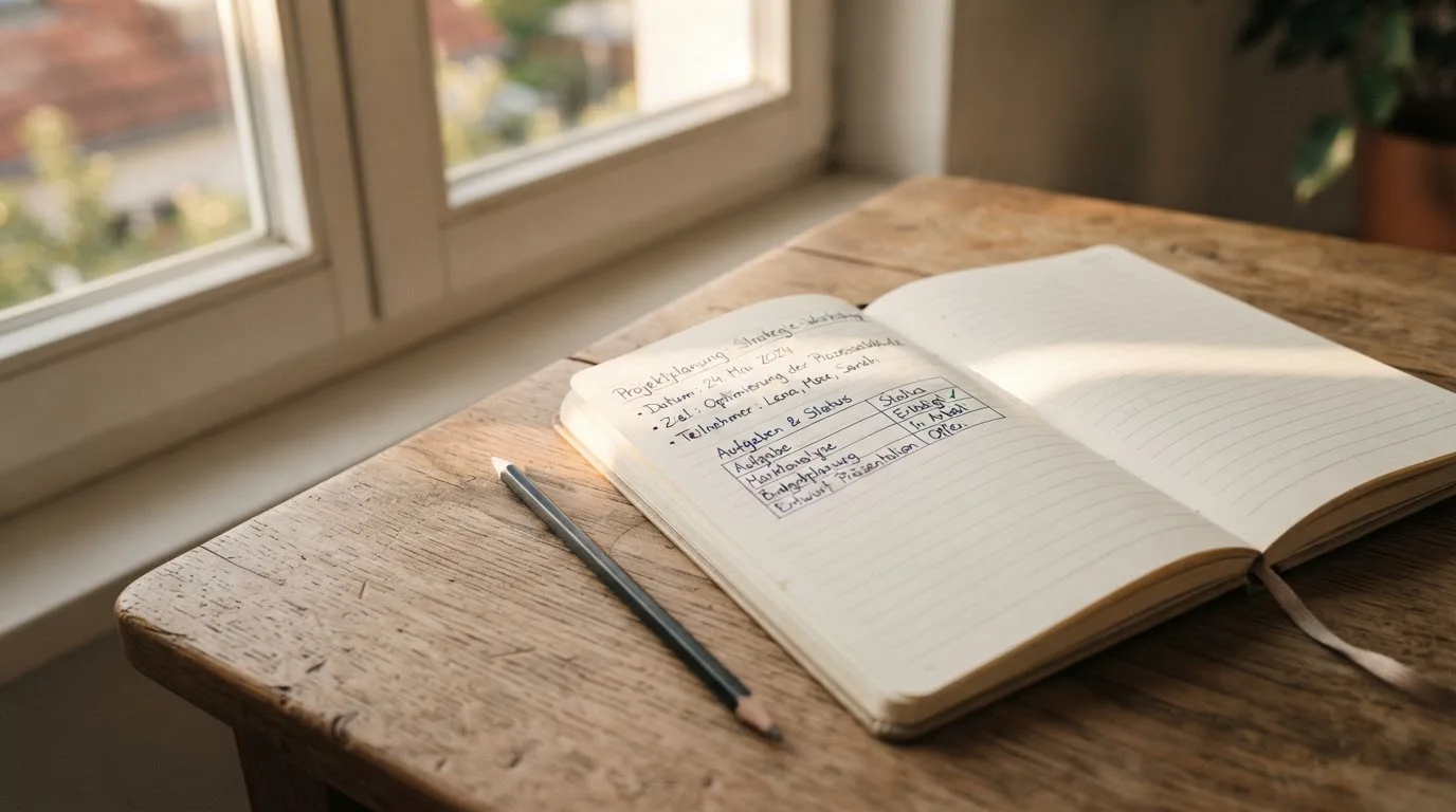 Ein Notizbuch mit handschriftlichen Notizen und ein Bleistift liegen auf einem Schreibtisch am Fenster, draußen fällt Morgenlicht herein.