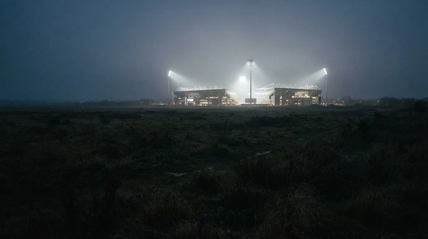Ein Stadion unter Flutlicht, aus großer Entfernung über eine dunkle Wiese fotografiert, am Himmel zieht Nebel auf.