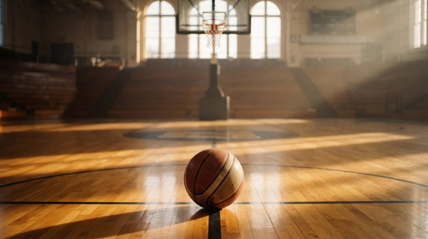 Ein Basketball liegt auf dem Hallenboden unter einem Korb, das Netz hängt ruhig, Morgenlicht fällt durch hohe Fenster.