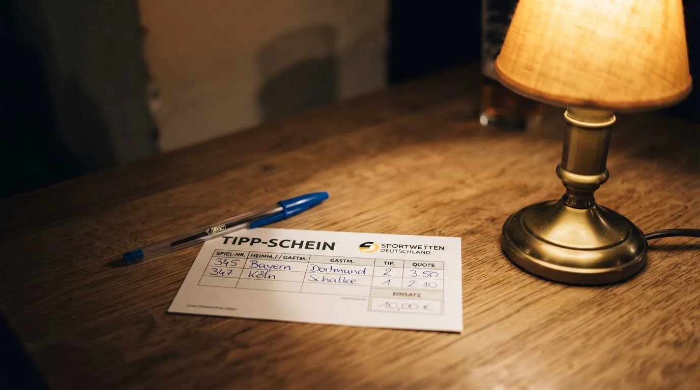 Ein leerer Wettschein aus Papier und ein Kugelschreiber liegen auf einer Tischplatte neben einer kleinen Tischlampe.