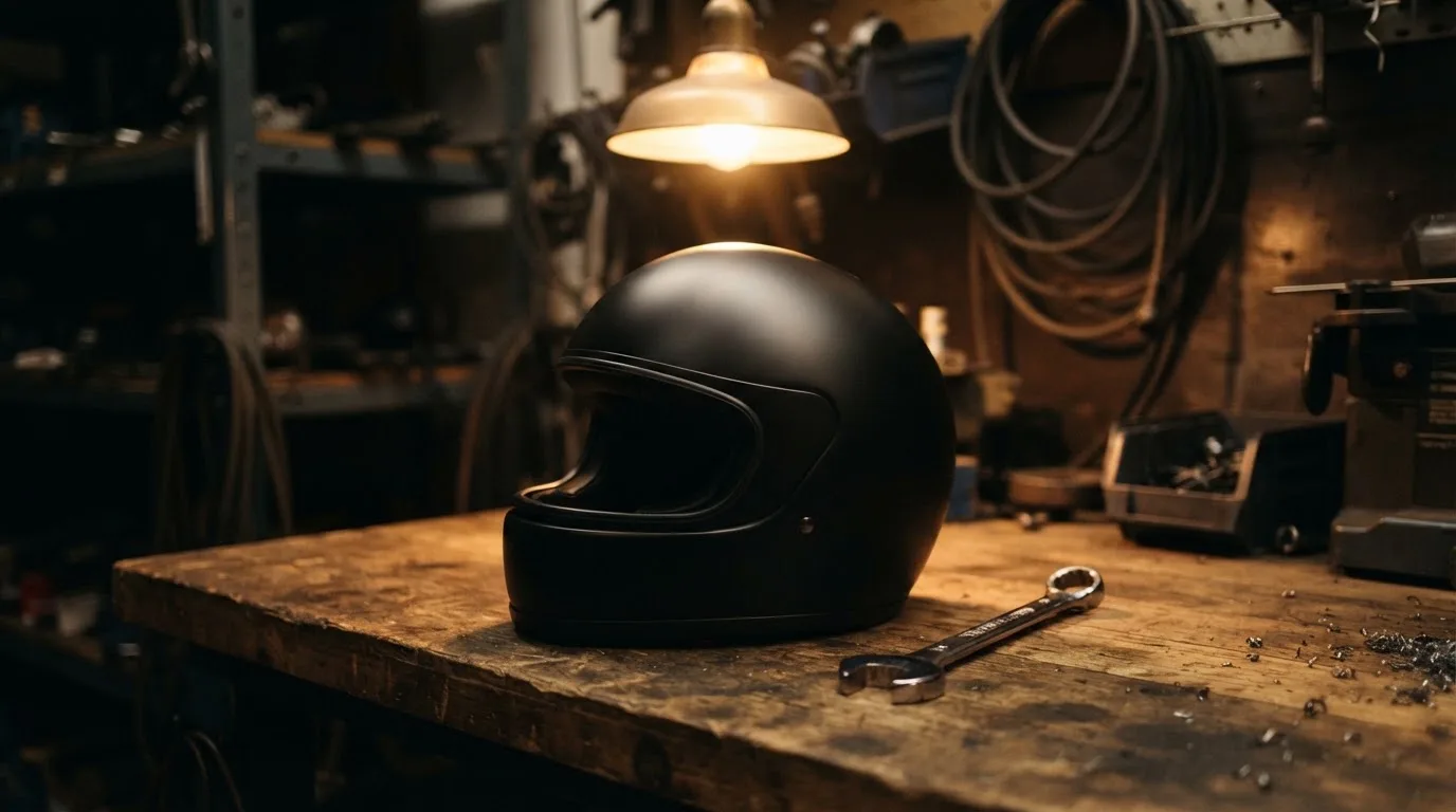 Ein schwarzer Motorradhelm ohne Aufdruck liegt auf einer Werkbank neben einem Schraubenschlüssel, warmes Licht einer Werkstatt.
