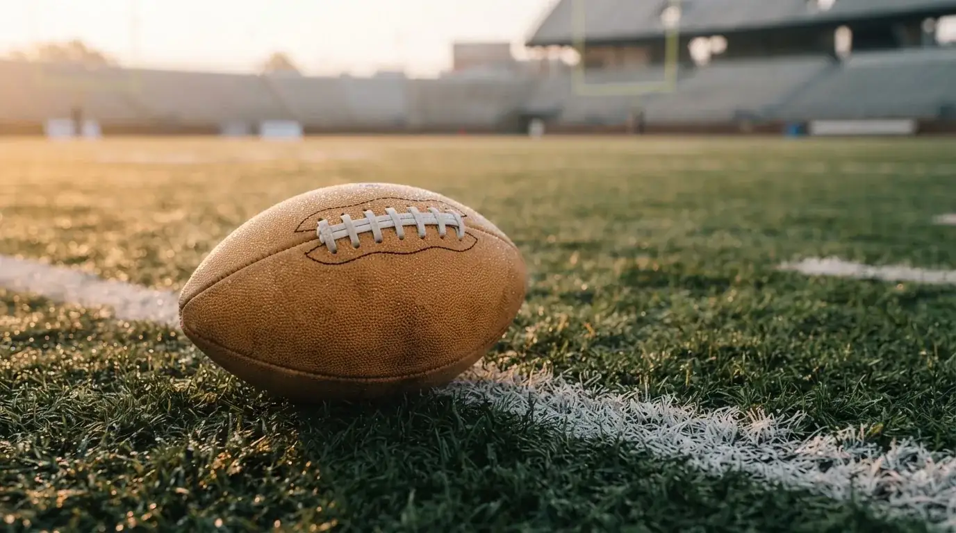 Ein ovaler Lederball mit heller Schnürung liegt auf dem Rasen vor der Endzone, Tau auf dem Gras im ersten Morgenlicht.