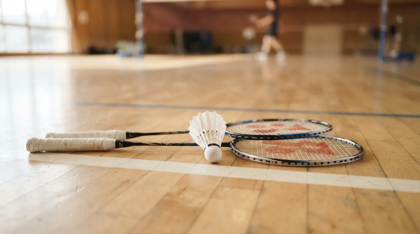 Zwei Badmintonschläger und ein Federball liegen auf einem Holzboden neben der Seitenlinie, weiches Licht fällt von der Seite ein.