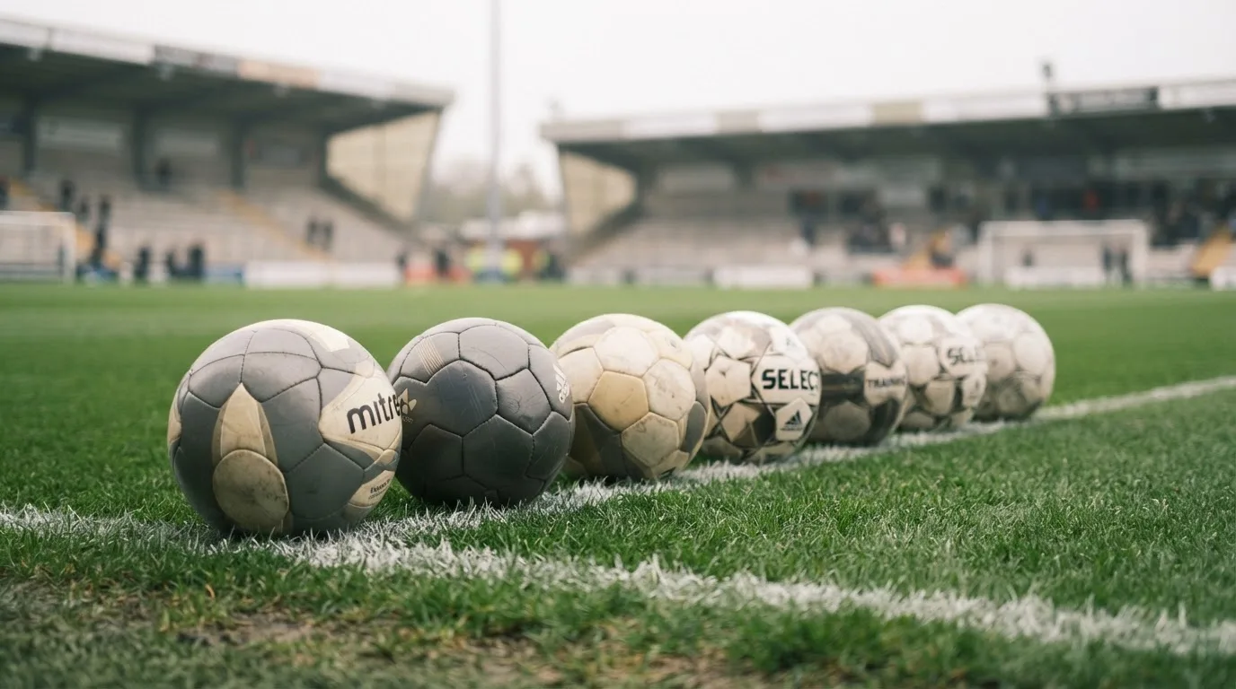 Mehrere Fußbälle liegen in einer Reihe an einer Rasenkante, scharf im Vordergrund, dahinter eine unscharfe Tribüne.