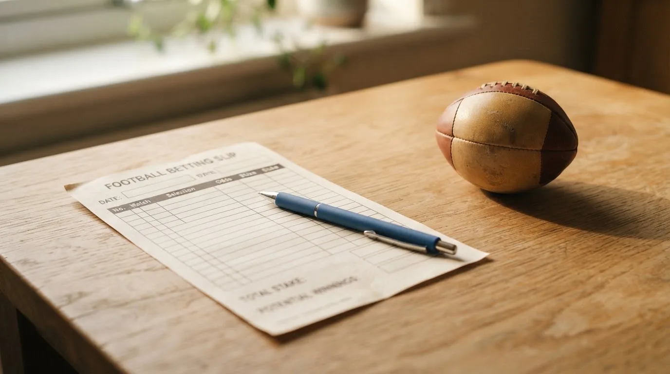 Ein leerer Papier-Wettschein und ein Kugelschreiber liegen auf einem Tisch neben einem kleinen Fußball, von der Seite beleuchtet.