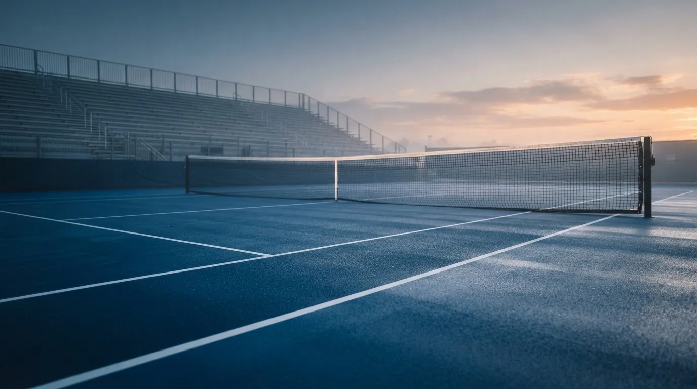 Ein Tennisplatz im Morgengrauen mit Netz und leeren Linien, Tau liegt auf dem Hartplatz und die Tribünen sind leer.